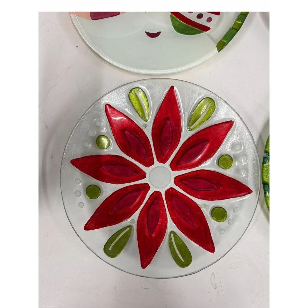 Christmas Glass Appetizer Plates Set of 4 Santa Tree Poinsettia Holiday Decor